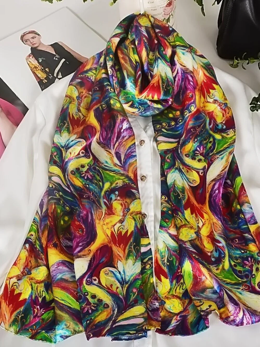 100% Mulberry Silk Neck Scarf Wrap Long Shawl Floral Print Multi-way Wear